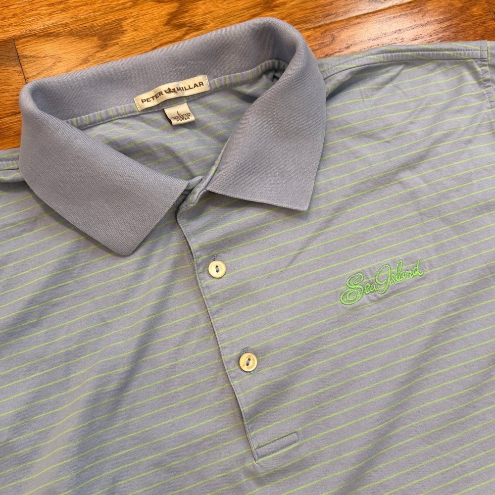 Peter Millar Sea Island Golf Polo Shirt Mens Large Blue Green Striped Cotton